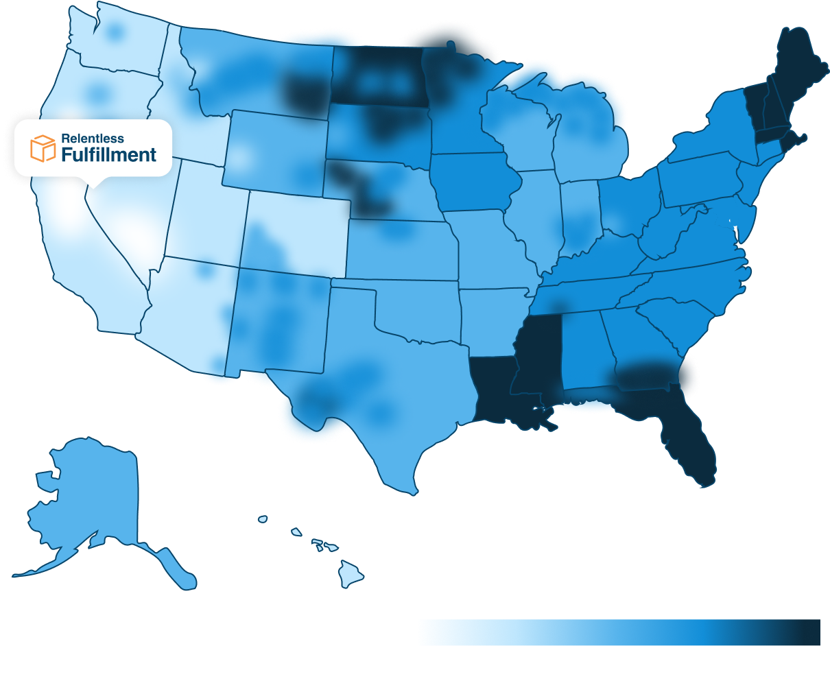 Map of United States color coded based on days in transit