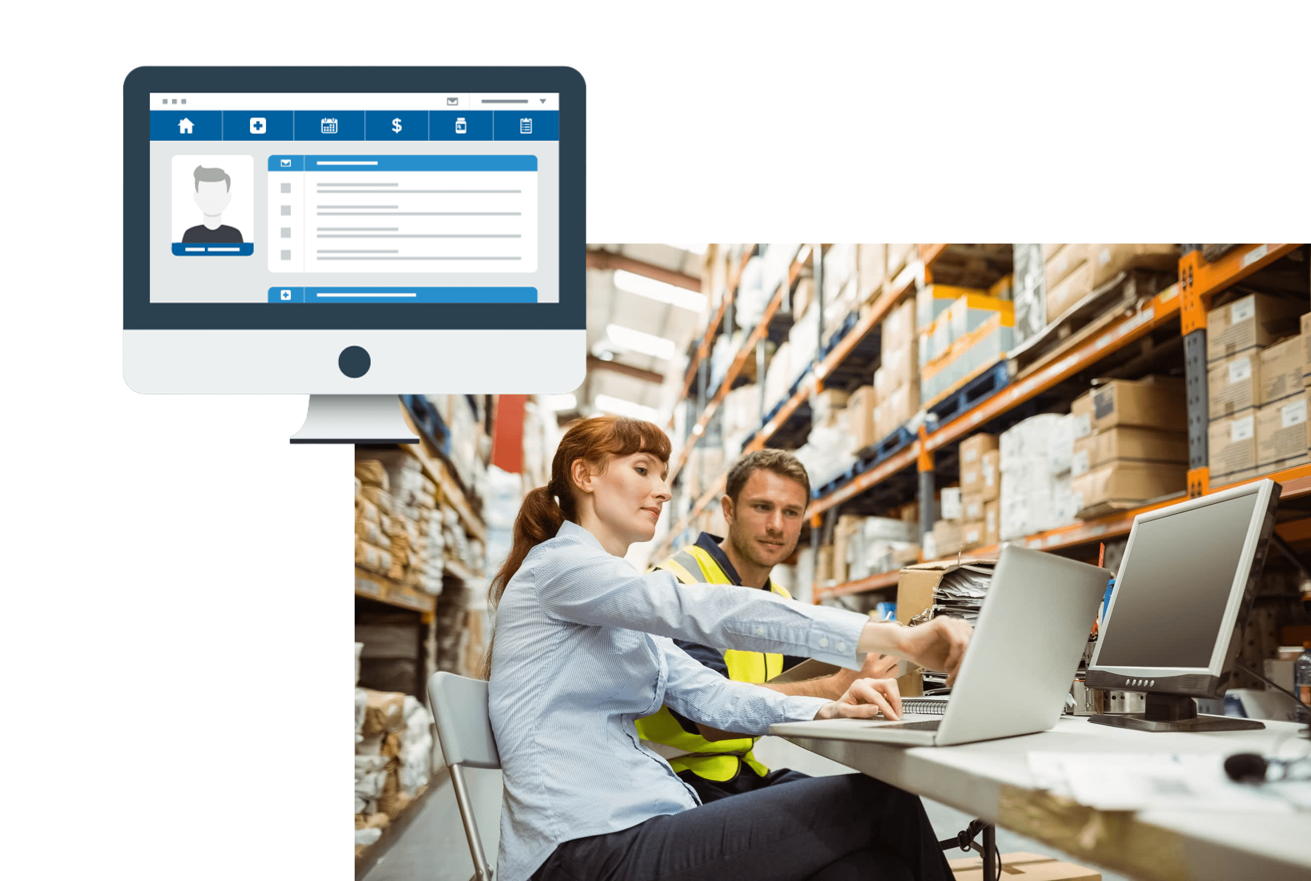 A collage of photos with one image being a woman sampling a skin care product and the other photo being a woman scanning boxes on a shelf in a warehouse