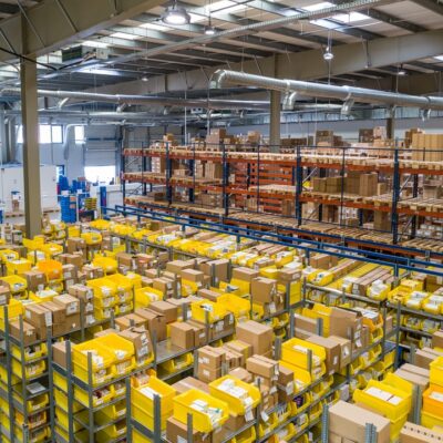 A large warehouse space with many shelves of cardboard boxes.