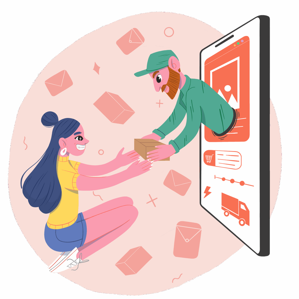 A graphic of a delivery worker handing a woman a package through a smart tablet screen.