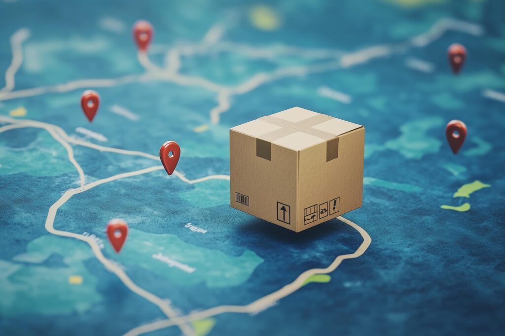 A cardboard box floating above a map, with many scattered red location pins.